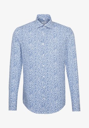 Camicia bianca a maniche lunghe con piccolo motivo floreale blu e colletto classico, mostrata frontalmente.