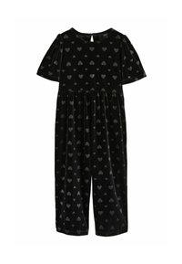 Zwart fluwelen jumpsuit met korte poffende mouwen, voorzien van een patroon van kleine grijze hartjes, en een ronde halslijn met een opening aan de achterkant.