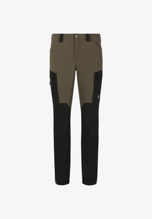 Vandrebukser i olivengrøn og sort med cargo-lommer, forstærkede knæ og en lynlåslomme på siden, lavet af slidstærkt stof.