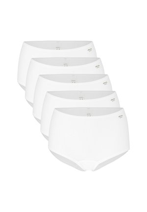 Fem par hvide seamless høj-taljede dameboksershorts stablet i et pænt overlappende arrangement.