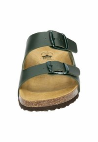 Green leather sandal with two adjustable buckles, cork footbed, and textured outsole. Smooth surface and contoured design for comfort.
