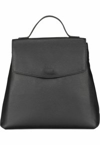 Zaino in pelle nera con finitura texturizzata, dotato di chiusura a pattina, manico superiore e design minimalista.