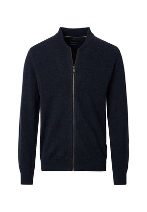Marineblauer Strickcardigan mit Stehkragen, durchgehendem Reißverschluss und gerippten Manschetten. Glatte Textur mit subtiler Musterung, minimalistisches Design.