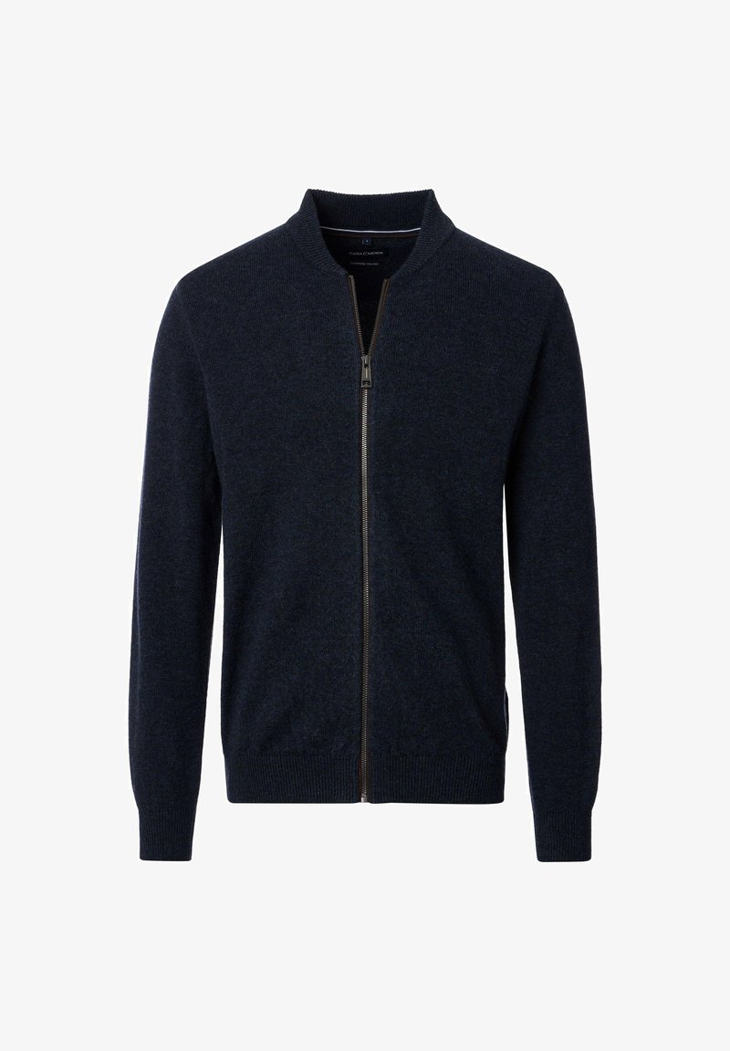 Navy blue knitted cardigan with a stand collar, full front zipper, and ribbed cuffs. Smooth texture with subtle pattern, minimal design.