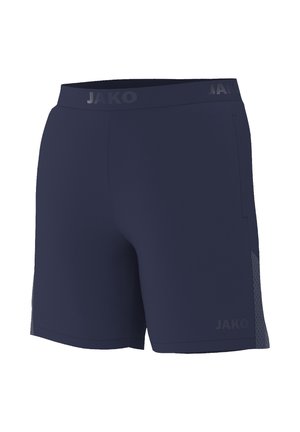 Marineblauwe sportshorts van een gladde stof, met een elastische tailleband en mesh-zijpanelen. Kenmerkt een logo in een donkere schaduw op het been.
