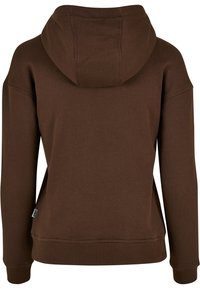 Sweat à capuche marron foncé à manches longues avec une grande capuche, des poignets côtelés et un ourlet côtelé, vu de dos.