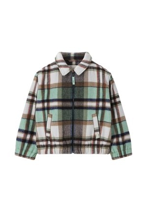 Veste en polaire à carreaux avec fermeture éclair intégrale à l'avant, deux poches latérales, col et poignets élastiques, aux couleurs marron, vert, blanc et marine.