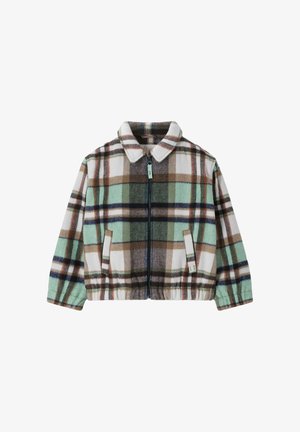 Karierte Fleecejacke mit durchgehendem Frontreißverschluss, zwei Seitentaschen, Kragen und elastischen Bündchen in Braun, Grün, Weiß und Marineblau.