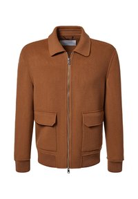 Brown fleece jacket with a collar, front zipper, and two patch pockets. Ribbed cuffs and hem provide structure and warmth.