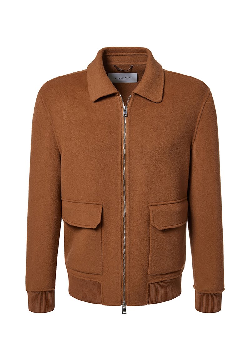 Brown fleece jacket with a collar, front zipper, and two patch pockets. Ribbed cuffs and hem provide structure and warmth.