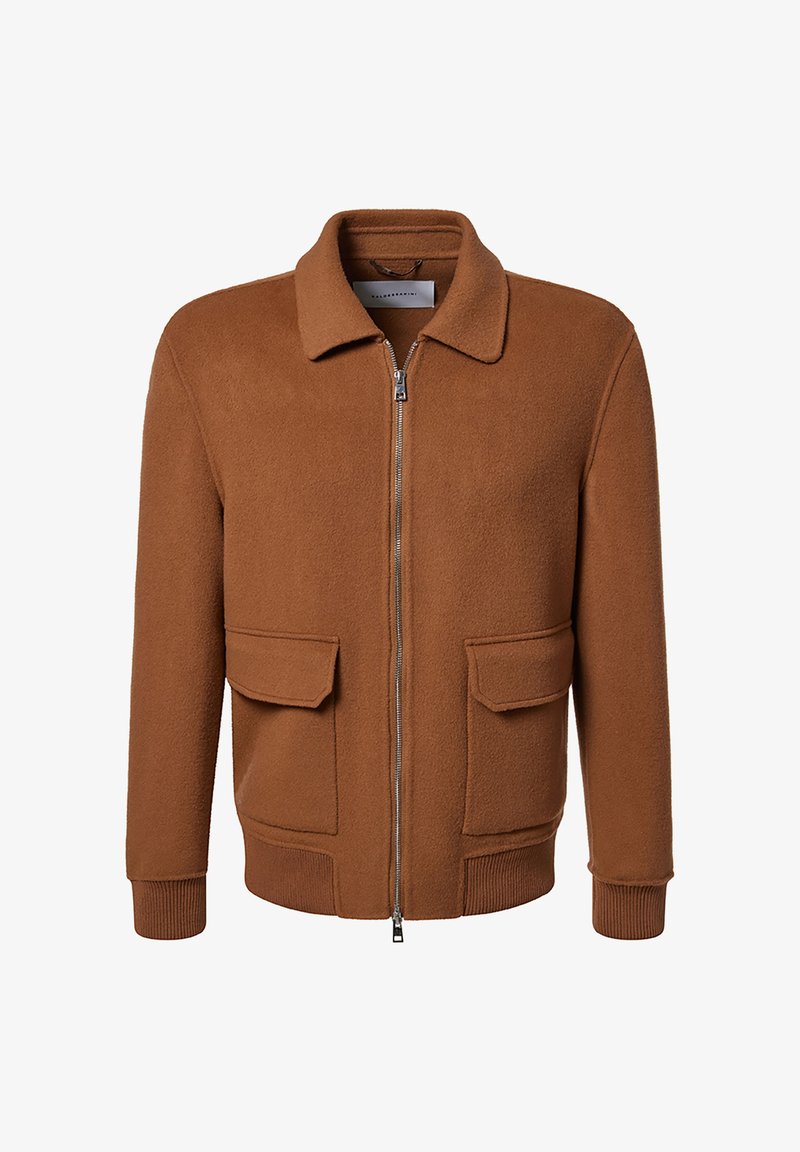 Brown fleece jacket with a collar, front zipper, and two patch pockets. Ribbed cuffs and hem provide structure and warmth.