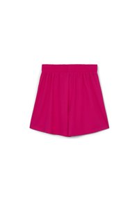 Shorts rosa con vita elastica realizzati in un tessuto morbido e leggero, con una vestibilità ampia e orlo dritto. Nessun motivo o accessori aggiuntivi visibili.