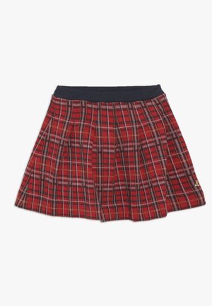 Gonna scozzese rossa con una cintura blu navy, caratterizzata da pinces e accenti neri e arancioni in tutto il motivo. Tessuto tessuto con una texture liscia.