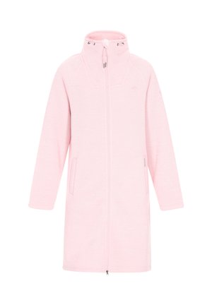 Cappotto lungo a maniche lunghe di colore rosa chiaro, con cappuccio e zip completa, due tasche laterali e tessuto testurizzato. Presenta un colletto alto e una grafica minimale.