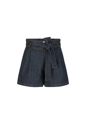Dark denim shorts with a wide waistband, featuring a tie belt, pleats, and contrasting orange stitching at the hem and pockets.