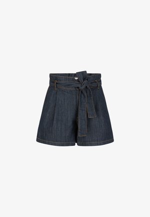 Donkerdenim shorts met een brede tailleband, voorzien van een strikriem, plooien en contrasterende oranje stiksels aan de zoom en zakken.