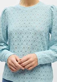 Lys blå bluse i blonder med teksturerte blomsterdiagrammer, lange ermer og rund hals. Har puffete skuldre og en avslappet passform.