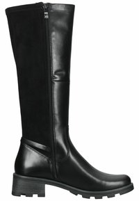 Bota negra hasta la rodilla con un exterior de cuero liso y panel de ante. Presenta un cierre lateral, punta cuadrada y tacón grueso texturizado.