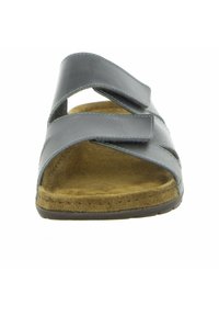 Sandal in pelle grigia con due cinturini regolabili, soletta in suede color sabbia e suola in gomma texturizzata. Design open-toe.