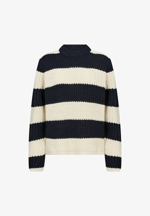 Stickad tröja med hög krage, i marinblått och gräddfärgat med horisontella ränder och ett texturerat mönster över hela. Kort längd.