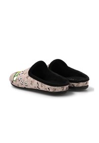 Chanclas negras y beige con interior esponjoso, que presentan un estampado de temática de sueño con notas musicales y un símbolo de sueño. Suela de goma plana.
