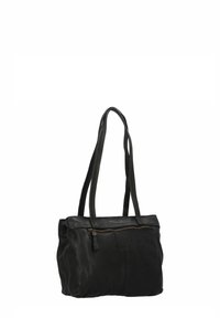 Borsa a tote in pelle nera con forma strutturata, doppi manici e chiusura a zip. Presenta una sottile etichetta con logo sulla parte anteriore. Texture morbida.