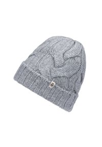 Gray knitted beanie with a cable pattern. Features a ribbed cuff and a small logo tag. Made from soft, textured wool blend material.