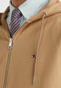 Bruine zip-up hoodie met een zilveren ritssluiting en trekkoord. Heeft een klein blauw, rood en wit logo op de borst en een gestreept overhemd eronder.