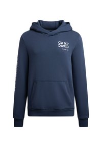 Marineblauer Hoodie mit Fronttasche, Kapuze, "CAMP DAVID ORIGINAL TM"-Logo auf der Brust und Text auf dem linken Ärmel.