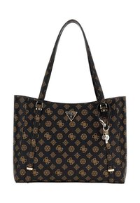 Sac fourre-tout noir avec des motifs dorés, doté d'une finition texturée, de deux poignées et d'une plaque de logo avec un détail à fermeture éclair sur le côté.
