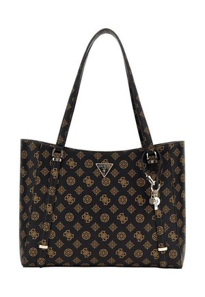 Sac fourre-tout noir avec des motifs dorés, doté d'une finition texturée, de deux poignées et d'une plaque de logo avec un détail à fermeture éclair sur le côté.
