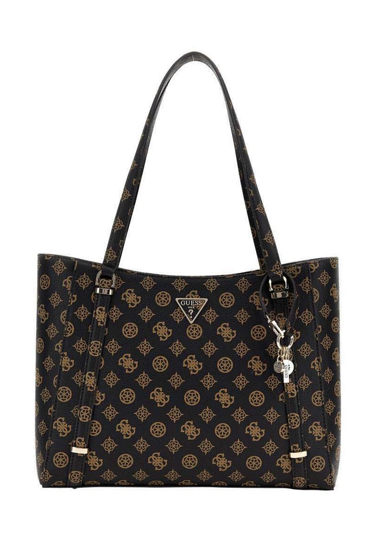 Sac fourre-tout noir avec des motifs dorés, doté d'une finition texturée, de deux poignées et d'une plaque de logo avec un détail à fermeture éclair sur le côté.