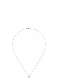 Silberne Kettenhalskette mit einem runden Anhänger, der aus einem Cluster kleiner klarer Edelsteine besteht, mit polierter Oberfläche und sicherem Verschluss.