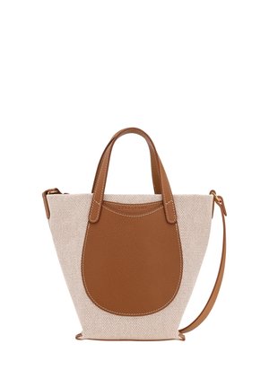 Tote bag featuring a beige woven body, brown leather accents, dual top handles, and an adjustable shoulder strap.