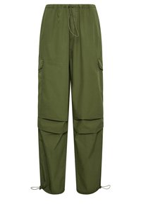 Grüne Cargo-Hosen aus leichtem Stoff, mit einem elastischen Bund, mehreren Seitentaschen und schmal zulaufenden Säumen mit Kordelzügen.