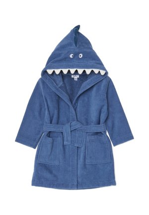 Blauer Bademantel aus Frottee mit einer haifischförmigen Kapuze, die Augen, Zähne-Akzente und einen vorderen Bindegürtel aufweist. Enthält zwei vordere Taschen.