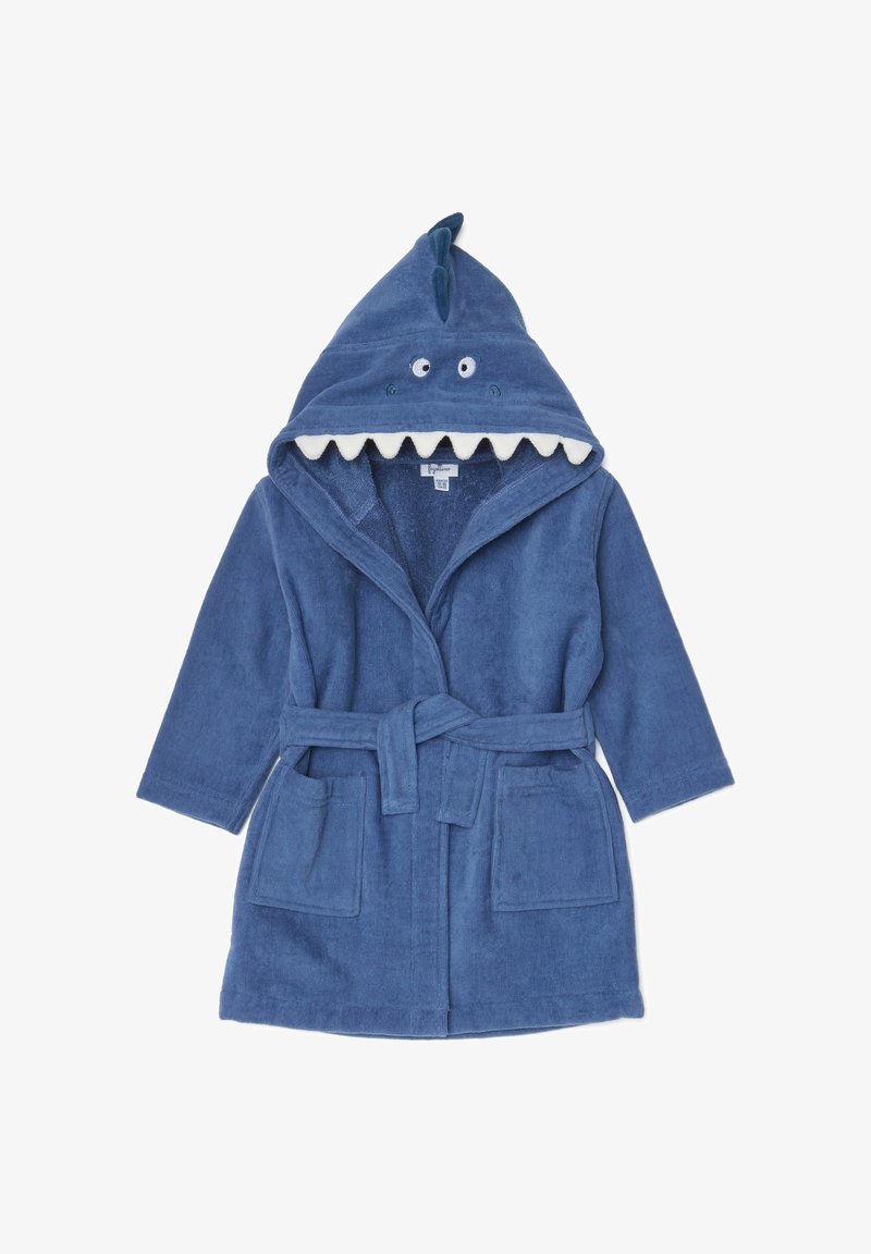 Blue terry cloth bathrobe with a shark-themed hood, featuring eyes, teeth accents, and a front tie belt. Includes two front pockets.