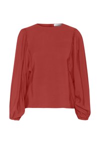 Blouse rouge à manches longues avec manches bouffantes froncées, poignets élastiqués et encolure ronde.