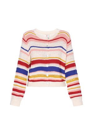 Szydełkowy kardigan w paski w kolorach czerwonym, niebieskim, żółtym i różowym. Posiada zapięcie na guziki, długie rękawy i otwarty wzór dzianiny.