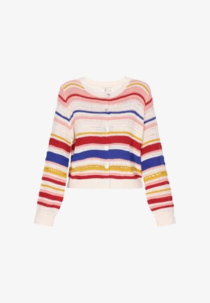 Horgolt csíkos kardigán piros, kék, sárga és rózsaszín színekben. Jellemzője a gombos záródás, hosszú ujjak és nyitott kötésmintázat.