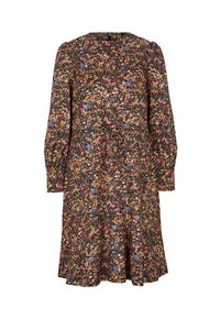 Vestido floral con mangas largas, fondo oscuro, flores multicolores, escote redondo y un corte holgado con un dobladillo acampanado.