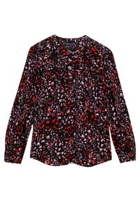 Blusa nera con un audace motivo astratto rosso e rosa, maniche lunghe, chiusura frontale con bottoni e dettaglio plissettato. Tessuto dalla consistenza morbida.
