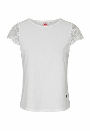 Weißes kurzärmliges Oberteil mit strukturiertem Muster und Spitzenbesatz an den Ärmeln. Der Stoff ist glatt, mit einem kleinen Logo-Detail am Saum.