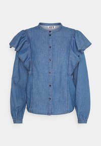 Jeanshemd mit Rüschendesign an den Schultern, langen Ärmeln, runder Kragen und Knopfverschluss. Helle bis mittlere blaue Farbe mit glatter Textur.