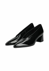 Black patent leather pointed-toe heels with a V-cut and chunky heel. The shoes feature a sleek, glossy finish without visible embellishments.