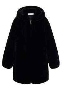 Zwarte capuchonjas van pluche stof, voorzien van een ritssluiting, verlaagde schouders en een zachte, gestructureerde oppervlakte. Geen zichtbare patronen of accenten.