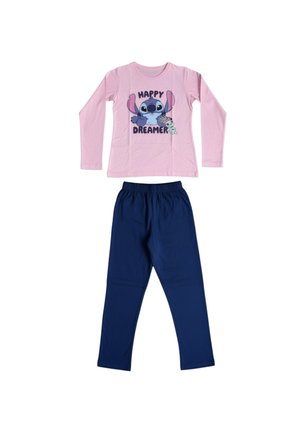 Maglia rosa a maniche lunghe con personaggio dei cartoni animati che tiene un peluche e scritta "Happy Dreamer", abbinata a pantaloni blu scuro tinta unita.