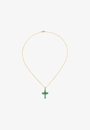 Goldkettchen mit einem grünen Edelstein-Kreuzanhänger, das vier runde und längliche Steine enthält, umrandet von goldenen Akzenten.