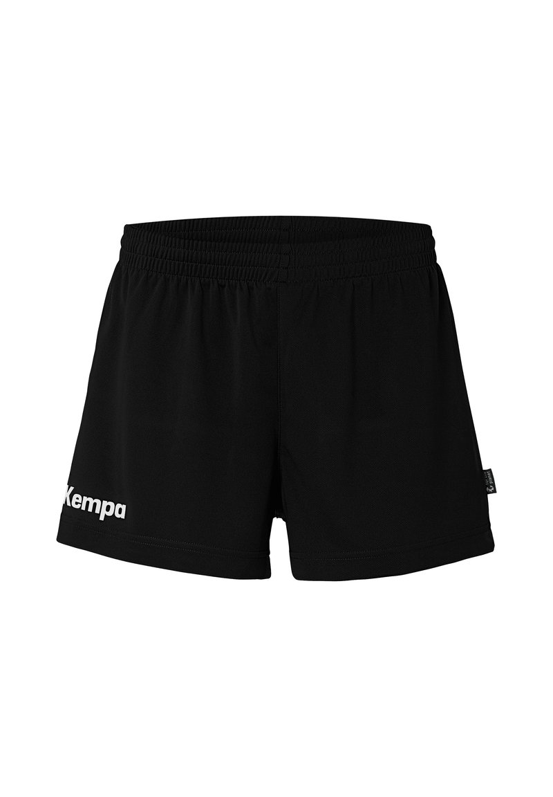 Zwarte sportshorts met een elastische tailleband en een wit "Kempa" logo aan de linkerkant. Lichtgewicht materiaal met een gladde textuur.