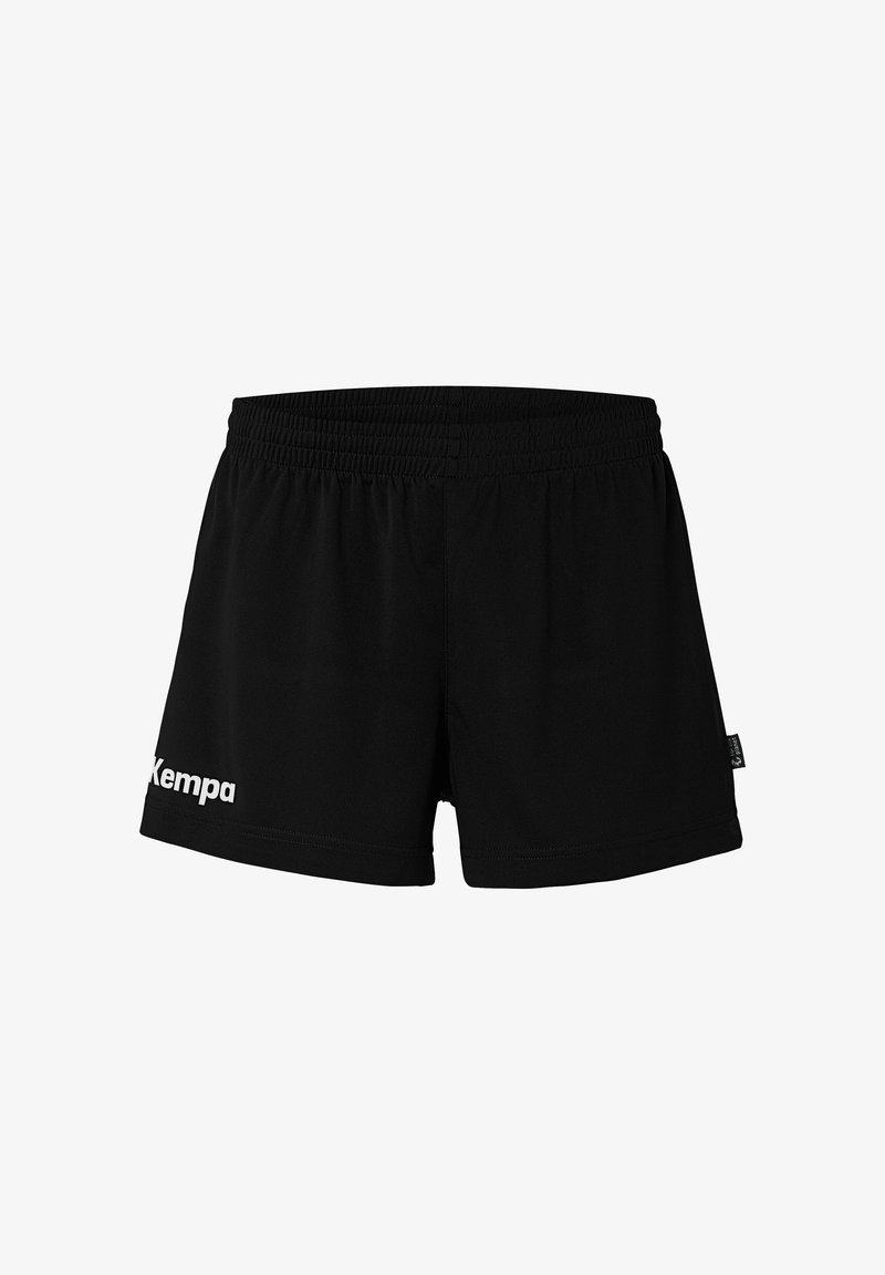 Pantalones cortos deportivos negros con cintura elástica y logo blanco de "Kempa" en el lado izquierdo. Material ligero con una textura suave.